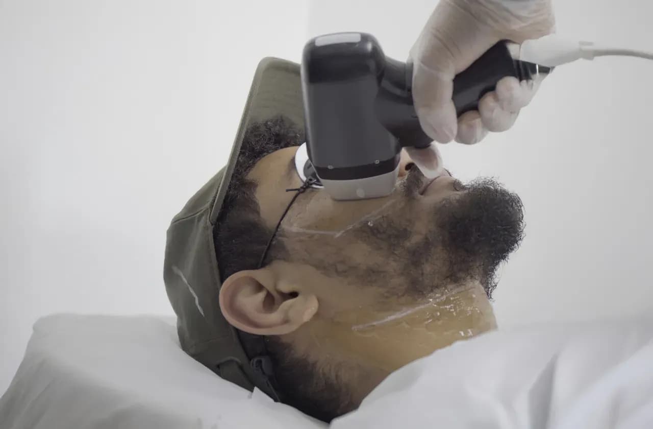 Man receiving facial hair removal with Soprano Titanium laser and protective eyewear in clinic.