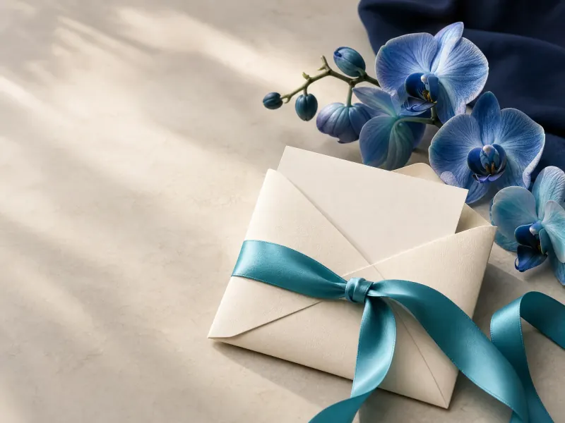 An elegant gift envelope styled with teal ribbon and blue orchid