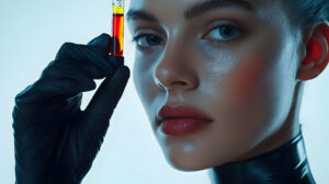 Elegant woman holding PRP vial before advanced vampire facial treatment