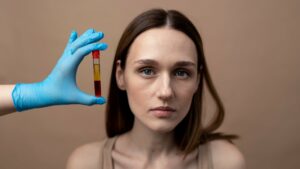 PRP blood vial held near woman’s face before vampire facial