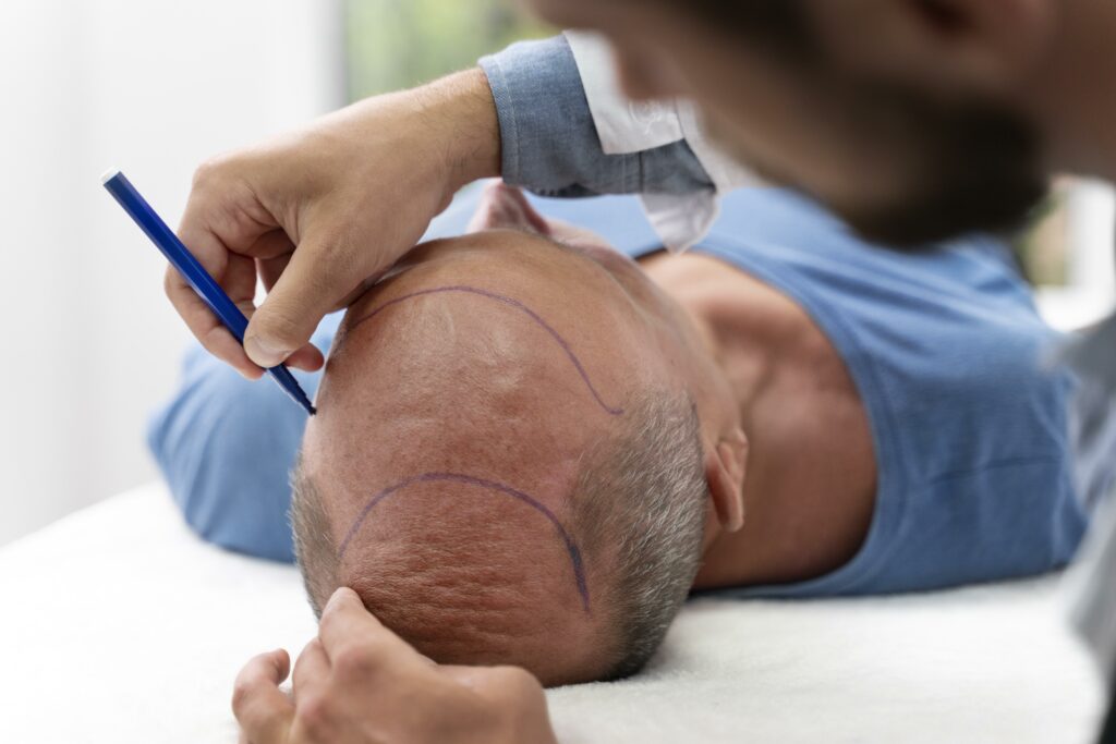 Surgeon preparing a patient for FUE hair transplant procedure in London.